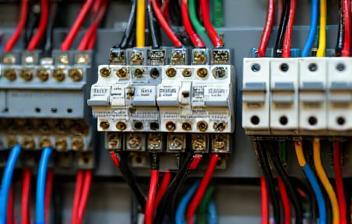 Marine electrical panel wiring with covers off